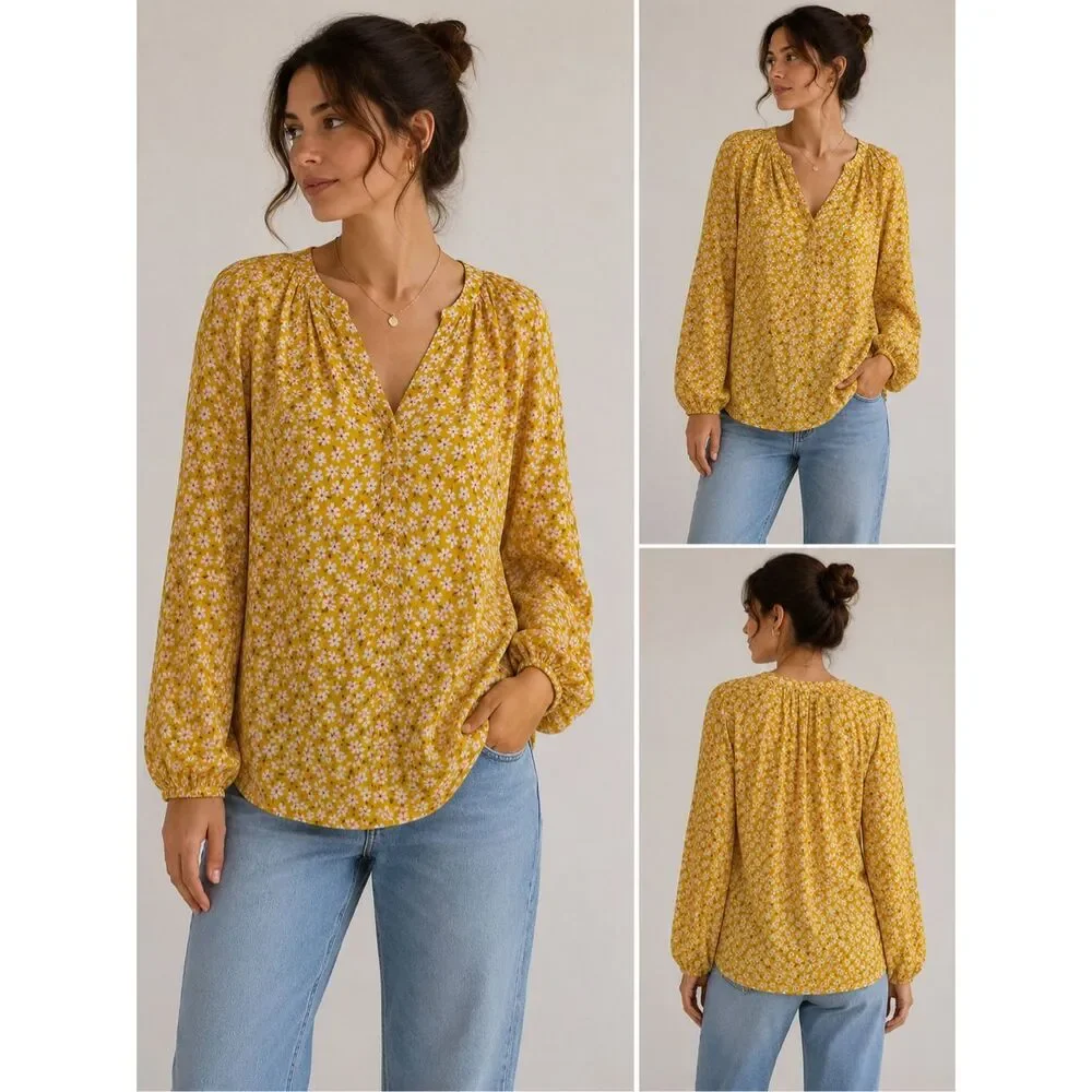 Old Navy Women’s Yellow Floral Blouse Size XL Rayon Long Sleeve Boho Peasant Top - Picture 1 of 9